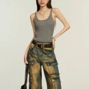 Women's O-Neck Tank Top Grey Cotton Knitted Vest Casual Short Outer Wear