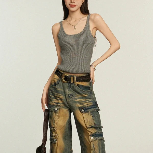 Women's O-Neck Tank Top Grey Cotton Knitted Vest Casual Short Outer Wear - Image 2