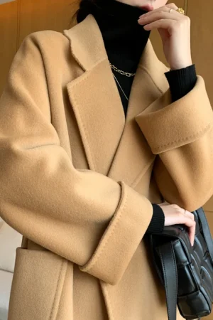 The Real High-end Autumn and Winter Double-sided Wool Cashmere Soft Coat Solid Color Jacket Sticker Bag