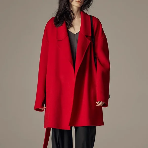 Winter Belted Short Woolen Coat Luxury Double Faced 100% Wool Coat for Women - Image 3