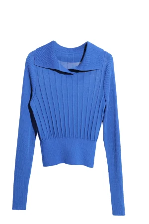 Korean Style Polo Collar Long Sleeve Crop Knitted Pullover Sweater for Women