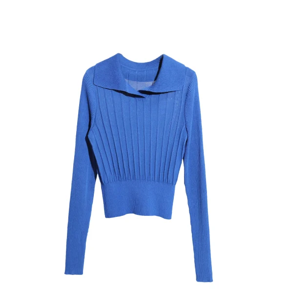 Korean Style Polo Collar Long Sleeve Crop Knitted Pullover Sweater for Women