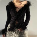 Fashion Luxury Cropped Knitwear Hand Knitted Cardigan Women With Ostrich Feather Fur