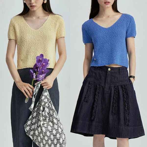 Korean Short Sleeve Thick Pullover Cropped Knitted Wool Sweater for Women
