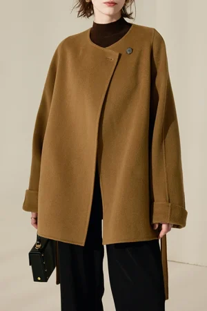 Winter O Neck Woolen Coat Mid Length Double Faced 100% Wool Coats for Women With Belt