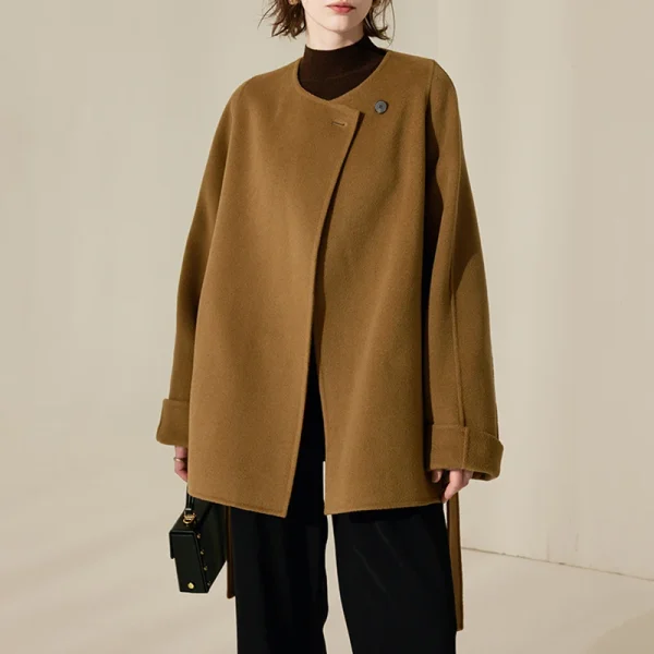 Winter O Neck Woolen Coat Mid Length Double Faced 100% Wool Coats for Women With Belt