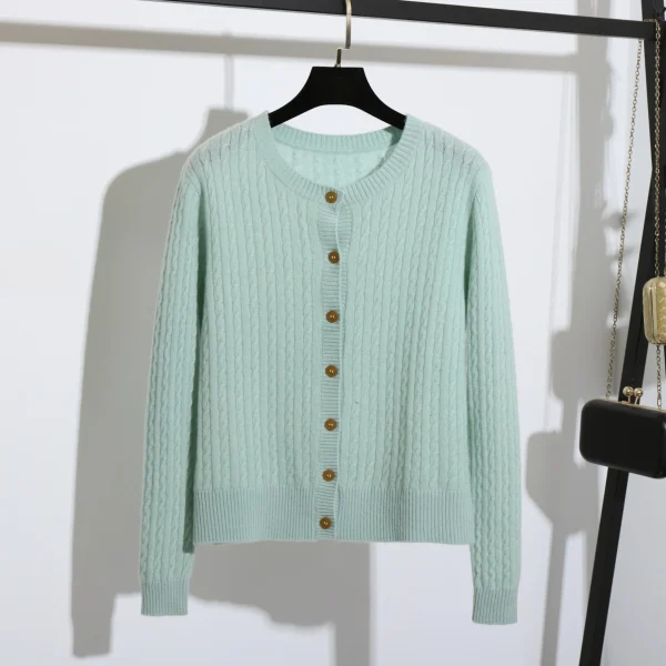 High Quality Single Breasted Solid O Neck Sweater 100% Wool Knitted Cardigan for Women - Image 3