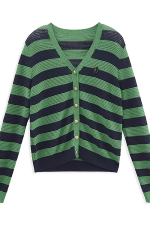 High Quality V Neck Knitwear Jacquard Striped Knitted 100% Wool Cardigans Sweater for Women