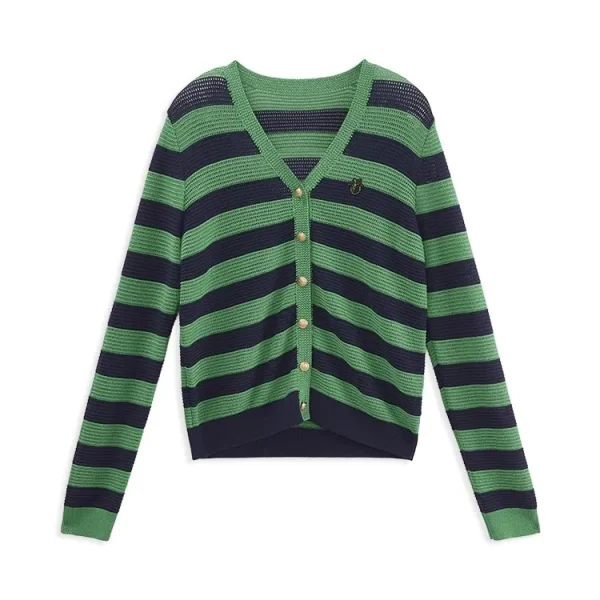 High Quality V Neck Knitwear Jacquard Striped Knitted 100% Wool Cardigans Sweater for Women