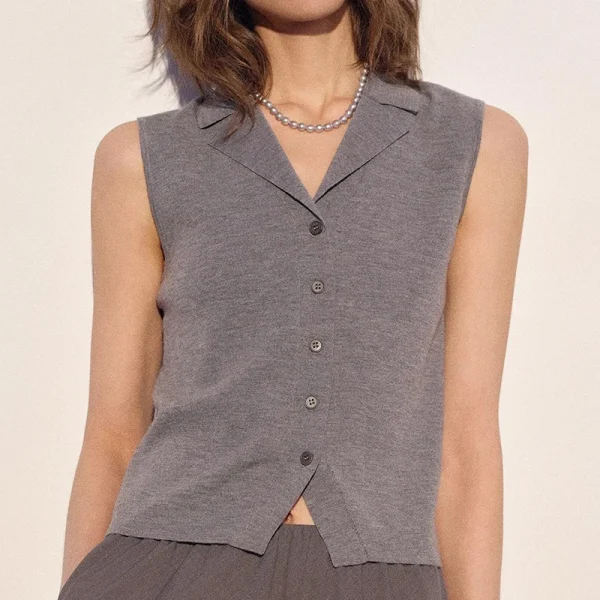 Summer Turn Down Collar Waistcoat Sleeveless 100% Wool Knitted Suit Vest for Women - Image 5
