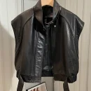 Sleeveless Leather Waistcoat Cropped Real Sheepskin Leather Vest for Women