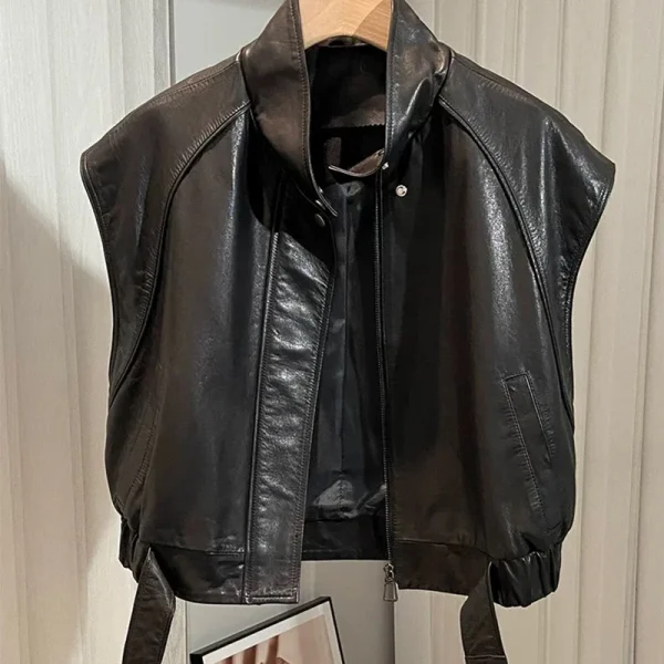 Sleeveless Leather Waistcoat Cropped Real Sheepskin Leather Vest for Women - Image 4