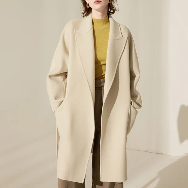 Luxury Mid Length Women Woolen Coats Winer Double Faced 100% Real Wool Coat With Belt