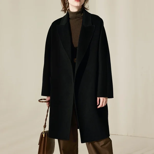 Luxury Mid Length Women Woolen Coats Winer Double Faced 100% Real Wool Coat With Belt - Image 4