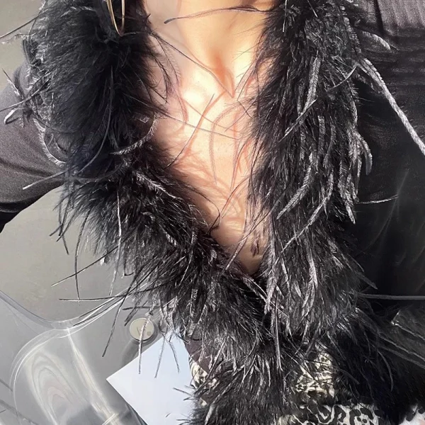 Fashion Luxury Cropped Knitwear Hand Knitted Cardigan Women With Ostrich Feather Fur - Image 5