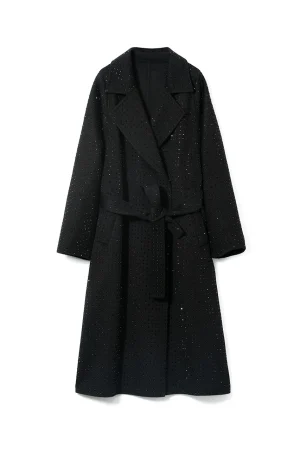 Luxury Hot Fix Rhinestone Woolen Coat Handmade Double Faced Long 100% Genuine Wool Coats for Women