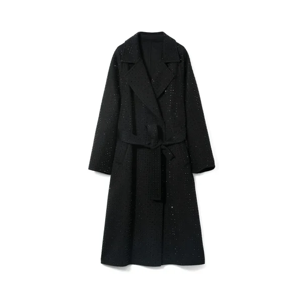 Luxury Hot Fix Rhinestone Woolen Coat Handmade Double Faced Long 100% Genuine Wool Coats for Women