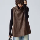 Sustainable Stand Collar Sleeveless Cropped Suede Leather Vest Women With Pockets