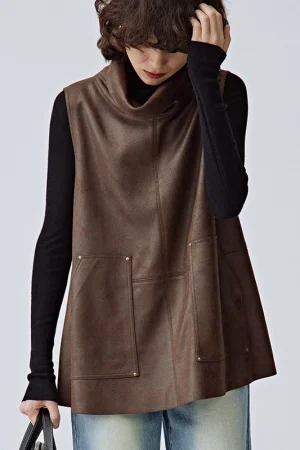 Sustainable Stand Collar Sleeveless Cropped Suede Leather Vest Women With Pockets