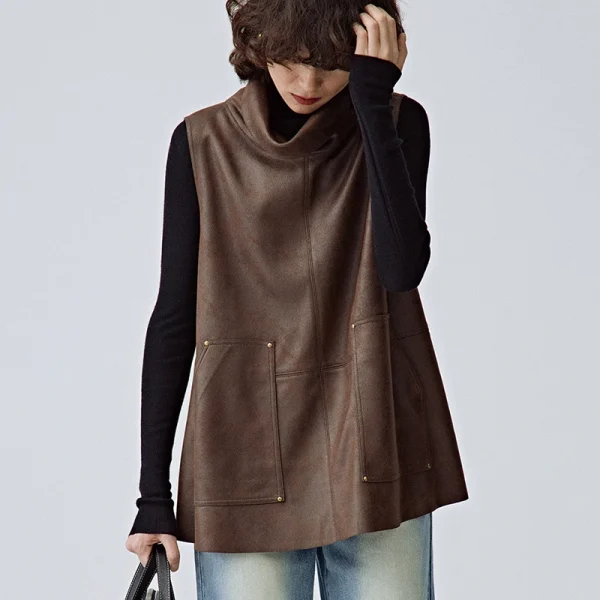 Sustainable Stand Collar Sleeveless Cropped Suede Leather Vest Women With Pockets