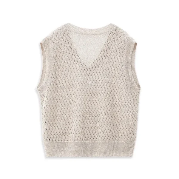 Summer Knitwear Waistcoat V Neck Sleeveless Hollow Out Knitted 100% Linen Vest for Women - Image 2