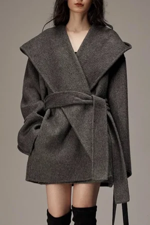 Winter Luxury Handmade Camel Hair Coat Double Faced Cropped Wool Coats Women with Hood