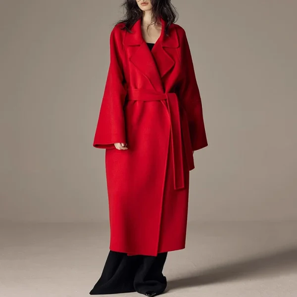 High End Winter Luxury Woolen Coat Women Double Faced Long 100% Wool Coat with Belt - Image 2