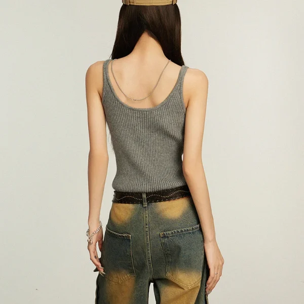 Women's O-Neck Tank Top Grey Cotton Knitted Vest Casual Short Outer Wear - Image 3