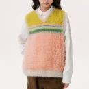 Dopamine Style Rainbow V Neck Fur Waistcoat Crop Polyester Knitted Sweater Vests for Women