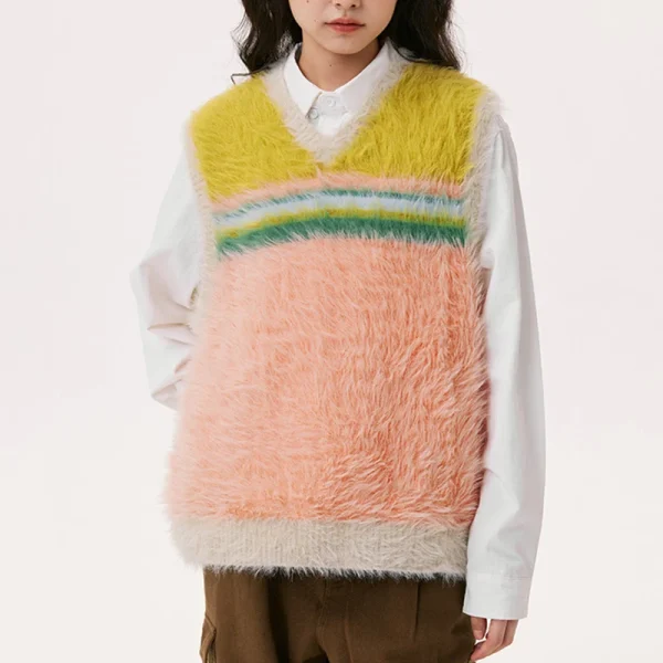 Dopamine Style Rainbow V Neck Fur Waistcoat Crop Polyester Knitted Sweater Vests for Women - Image 2