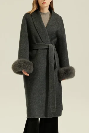 Winter Luxury Real Fox Fur Cuffs Wool Coat Double Faced Long Genuine Alpaca Coats for Women