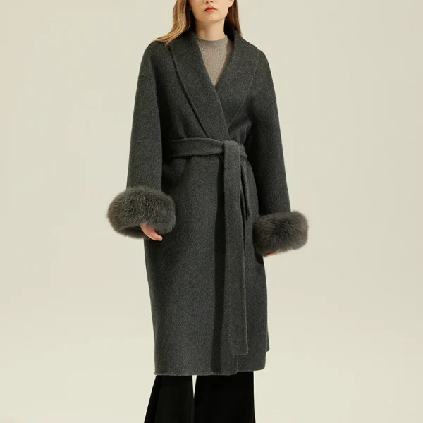 Winter Luxury Real Fox Fur Cuffs Wool Coat Double Faced Long Genuine Alpaca Coats for Women