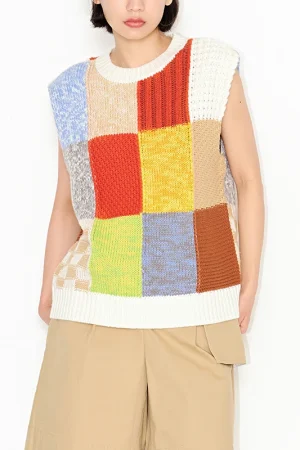 Canvas Puzzle O Neck Sleeveless Waistcoat 100% Cotton Knitted Sweater Vest Women