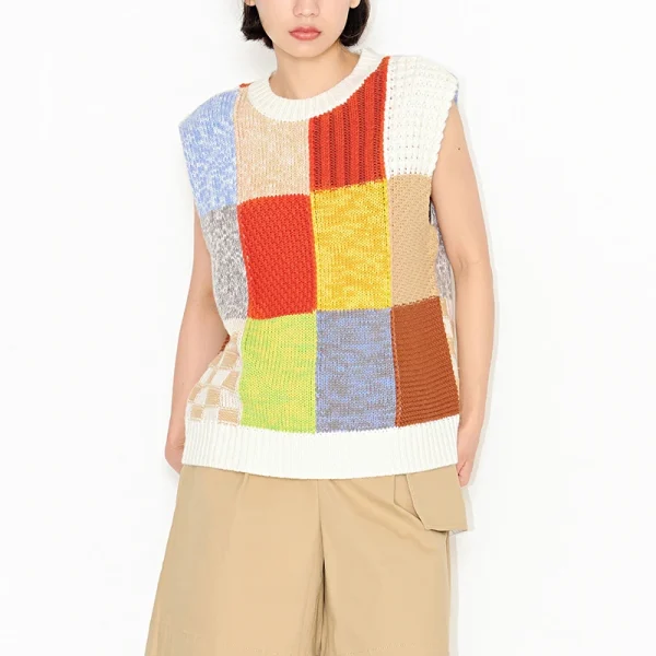 Canvas Puzzle O Neck Sleeveless Waistcoat 100% Cotton Knitted Sweater Vest Women