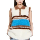 Women Cropped Fur Waistcoat Polyester Knitted Short Sweater Vests With Striped Pattern