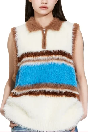 Women Cropped Fur Waistcoat Polyester Knitted Short Sweater Vests With Striped Pattern