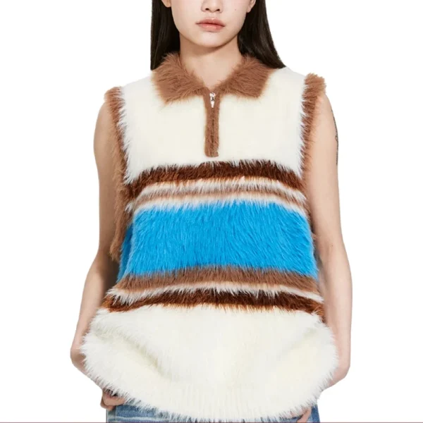 Women Cropped Fur Waistcoat Polyester Knitted Short Sweater Vests With Striped Pattern
