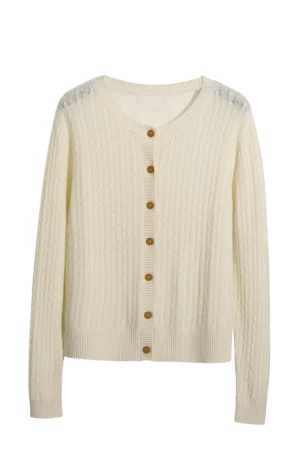 High Quality Single Breasted Solid O Neck Sweater 100% Wool Knitted Cardigan for Women