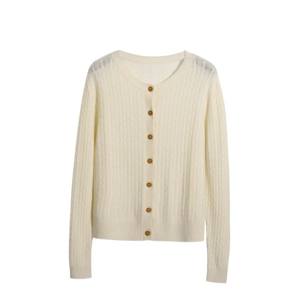 High Quality Single Breasted Solid O Neck Sweater 100% Wool Knitted Cardigan for Women