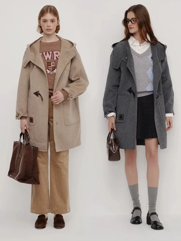 Women Wool Horn Button Mid-length Woolen Coat - Image 4