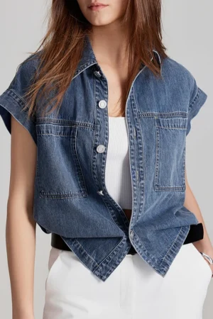 Summer Sleeveless Jean Tops Casual Cotton Denim Crop Vest for Women