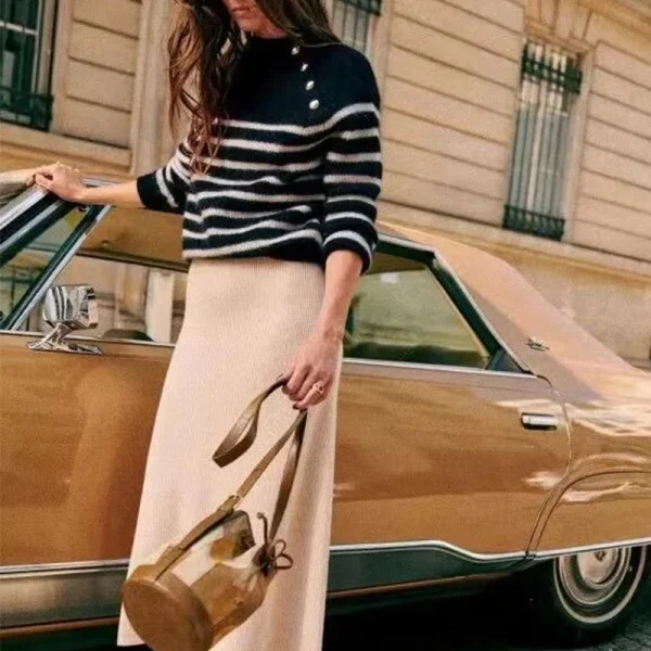 High Quality 100% Wool Pullover Sweater Long Sleeve Striped Knitted Sweater Women With Side Buttons - Image 5