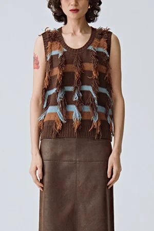 Luxury Sleeveless Tassel Cotton Waistcoat Short Knitted Wool Sweater Vest for Women