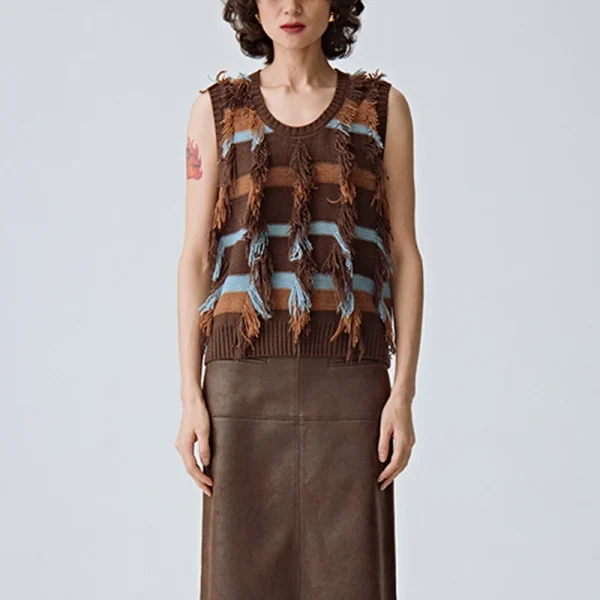 Luxury Sleeveless Tassel Cotton Waistcoat Short Knitted Wool Sweater Vest for Women