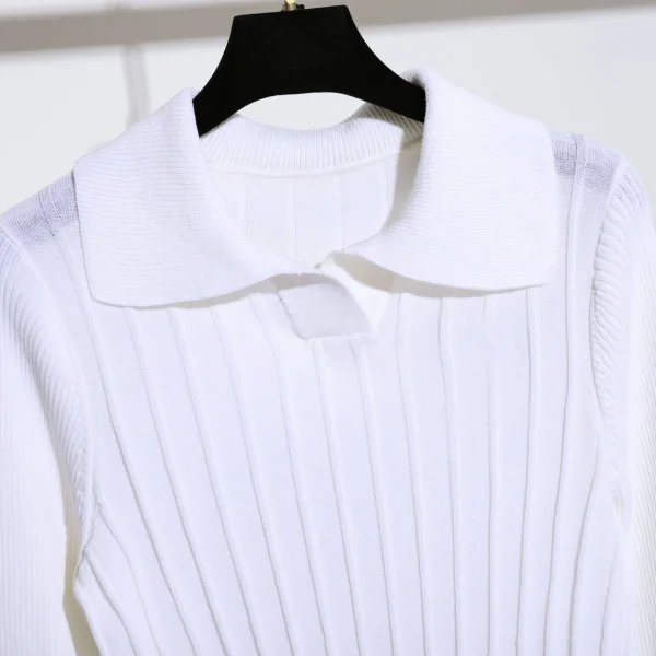 Korean Style Polo Collar Long Sleeve Crop Knitted Pullover Sweater for Women - Image 5