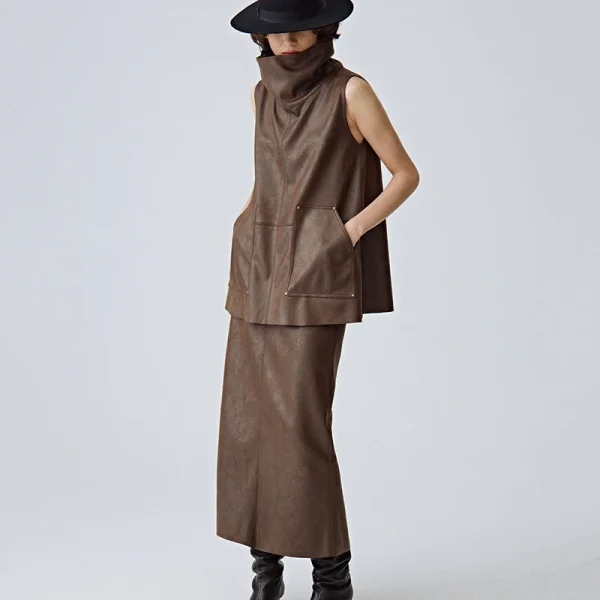 Sustainable Stand Collar Sleeveless Cropped Suede Leather Vest Women With Pockets - Image 5