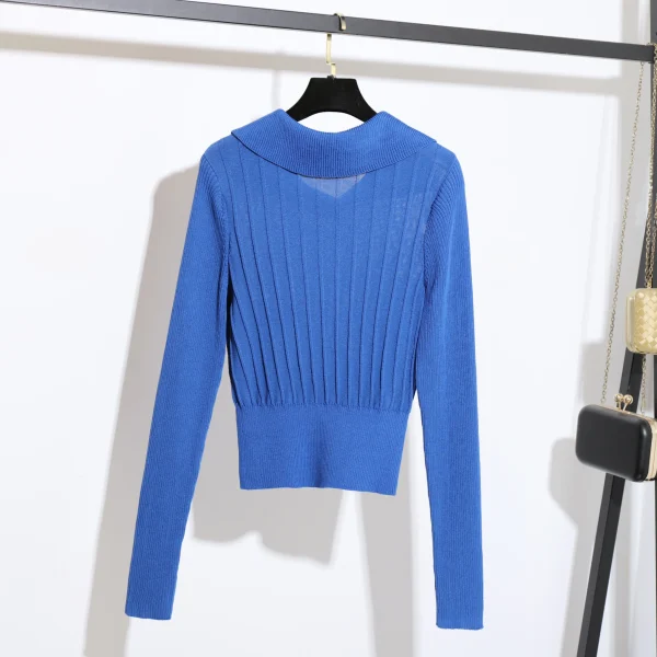 Korean Style Polo Collar Long Sleeve Crop Knitted Pullover Sweater for Women - Image 2