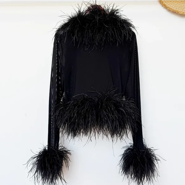 Luxury Breathable Mesh Fur Top Cropped Real Ostrich Feather Fur Coat for Women - Image 2