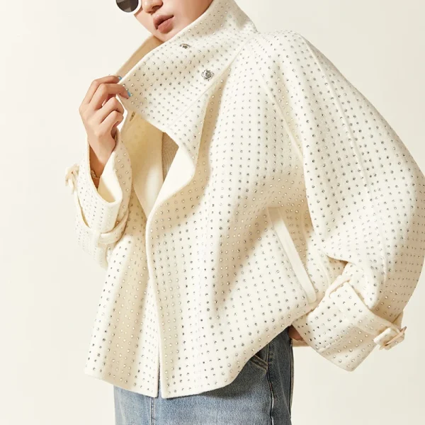Hot Fix Rhinestone Woolen Coat Double Faced Short 100% Wool Coats for Women - Image 2