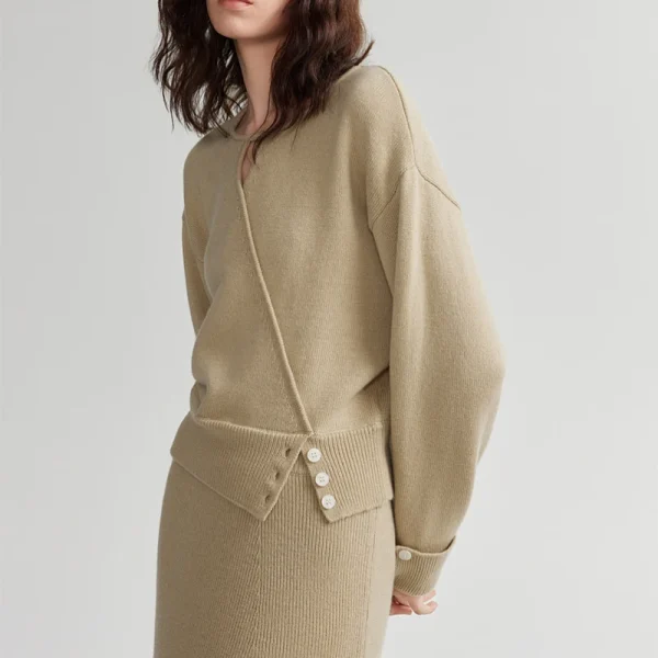 Autumn Khaki Sweater Pullover Split Wool Knitwear Women With Button - Image 4